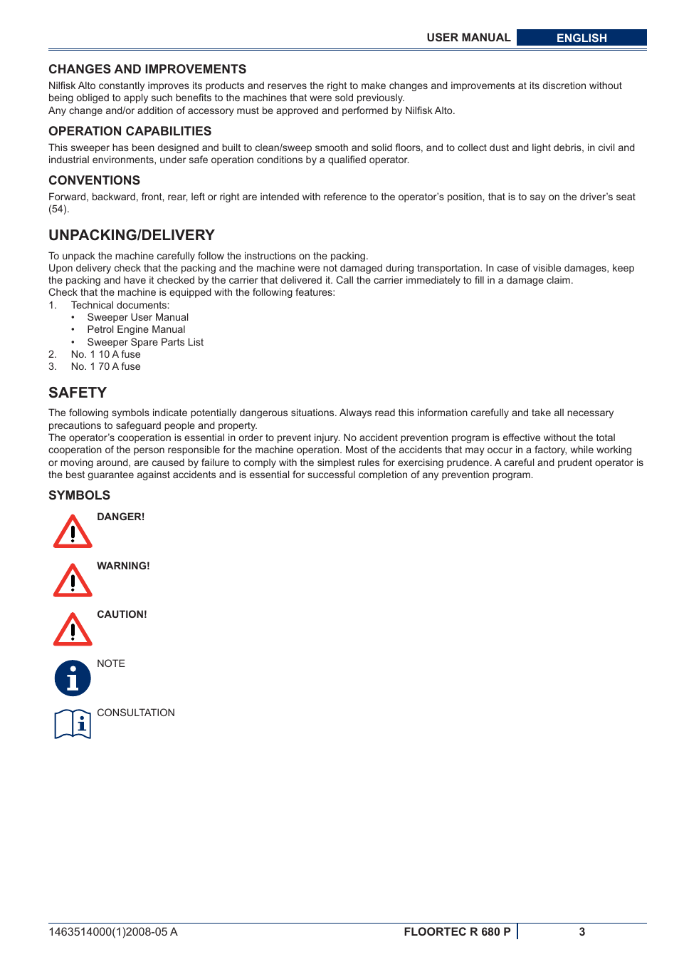 Unpacking/delivery, Safety | Nilfisk-ALTO R 680 P User Manual | Page 69 / 132