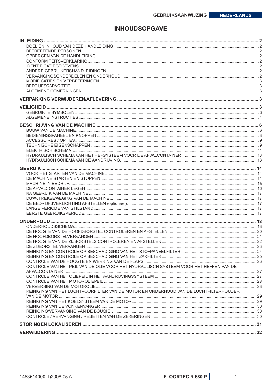 Inhoudsopgave | Nilfisk-ALTO R 680 P User Manual | Page 99 / 132