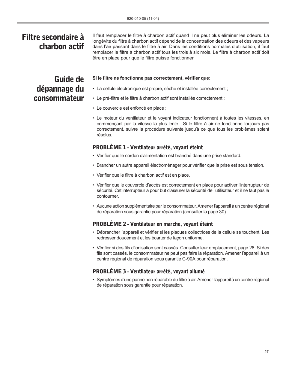 Filtre secondaire à charbon actif, Guide de dépannage du consommateur | Nilfisk-ALTO C-90A User Manual | Page 27 / 32