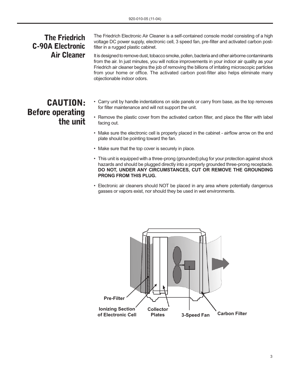 Caution: before operating the unit, The friedrich c-90a electronic air cleaner | Nilfisk-ALTO C-90A User Manual | Page 3 / 32