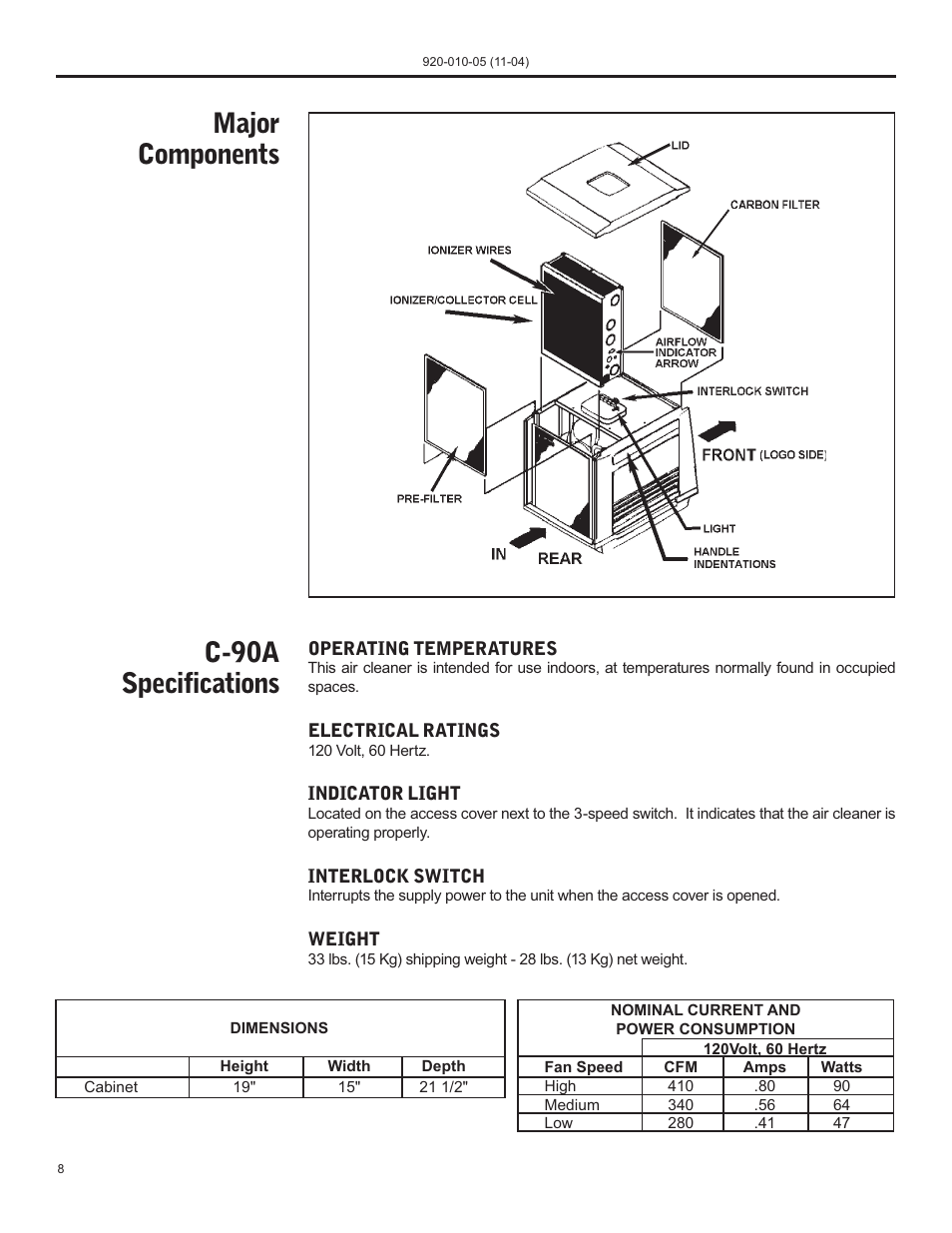 Major components c-90a specifications | Nilfisk-ALTO C-90A User Manual | Page 8 / 32