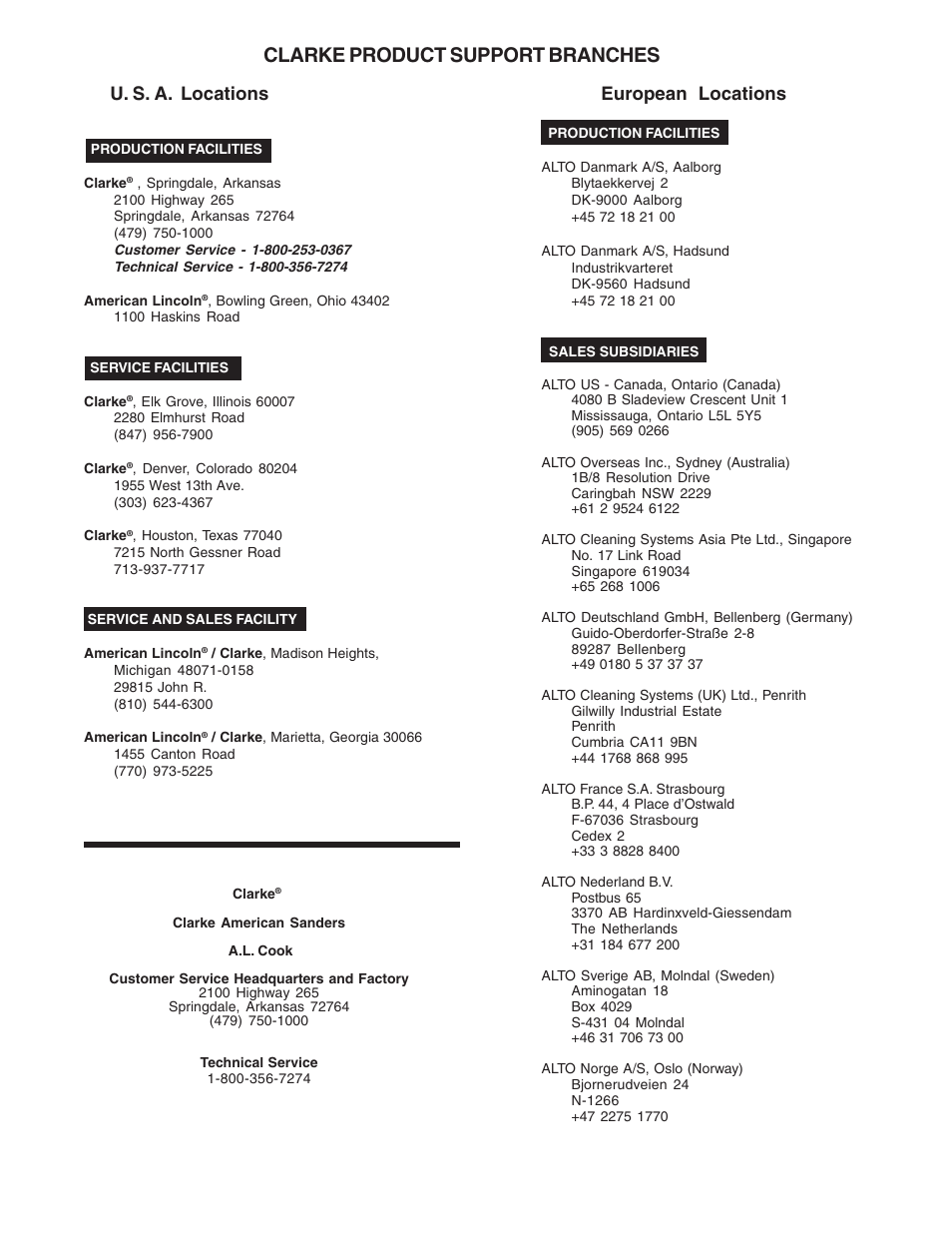 Clarke product support branches, U. s. a. locations european locations | Nilfisk-ALTO 590 User Manual | Page 19 / 20