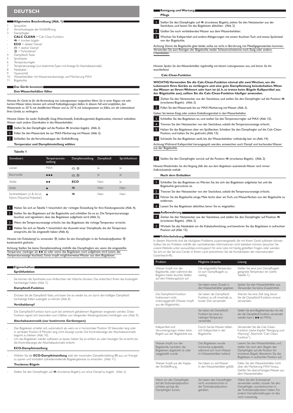 Deutsch | Philips EasySpeed Dampfbügeleisen User Manual | Page 3 / 6