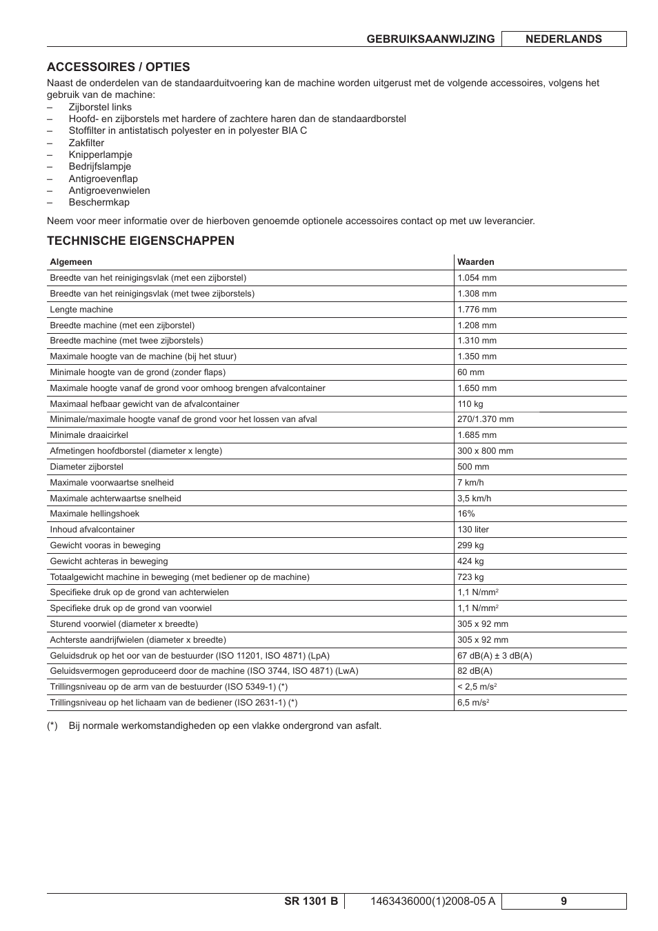 Accessoires / opties, Technische eigenschappen | Nilfisk-ALTO SR 1301 B User Manual | Page 101 / 124