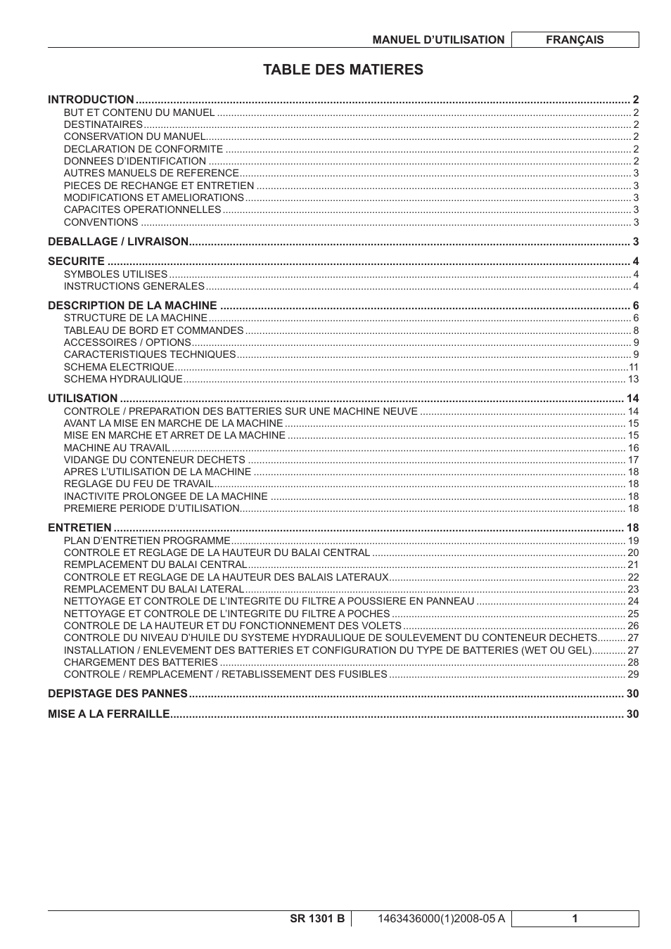 Table des matieres | Nilfisk-ALTO SR 1301 B User Manual | Page 33 / 124