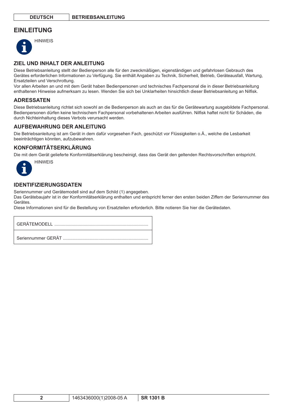 Einleitung | Nilfisk-ALTO SR 1301 B User Manual | Page 4 / 124