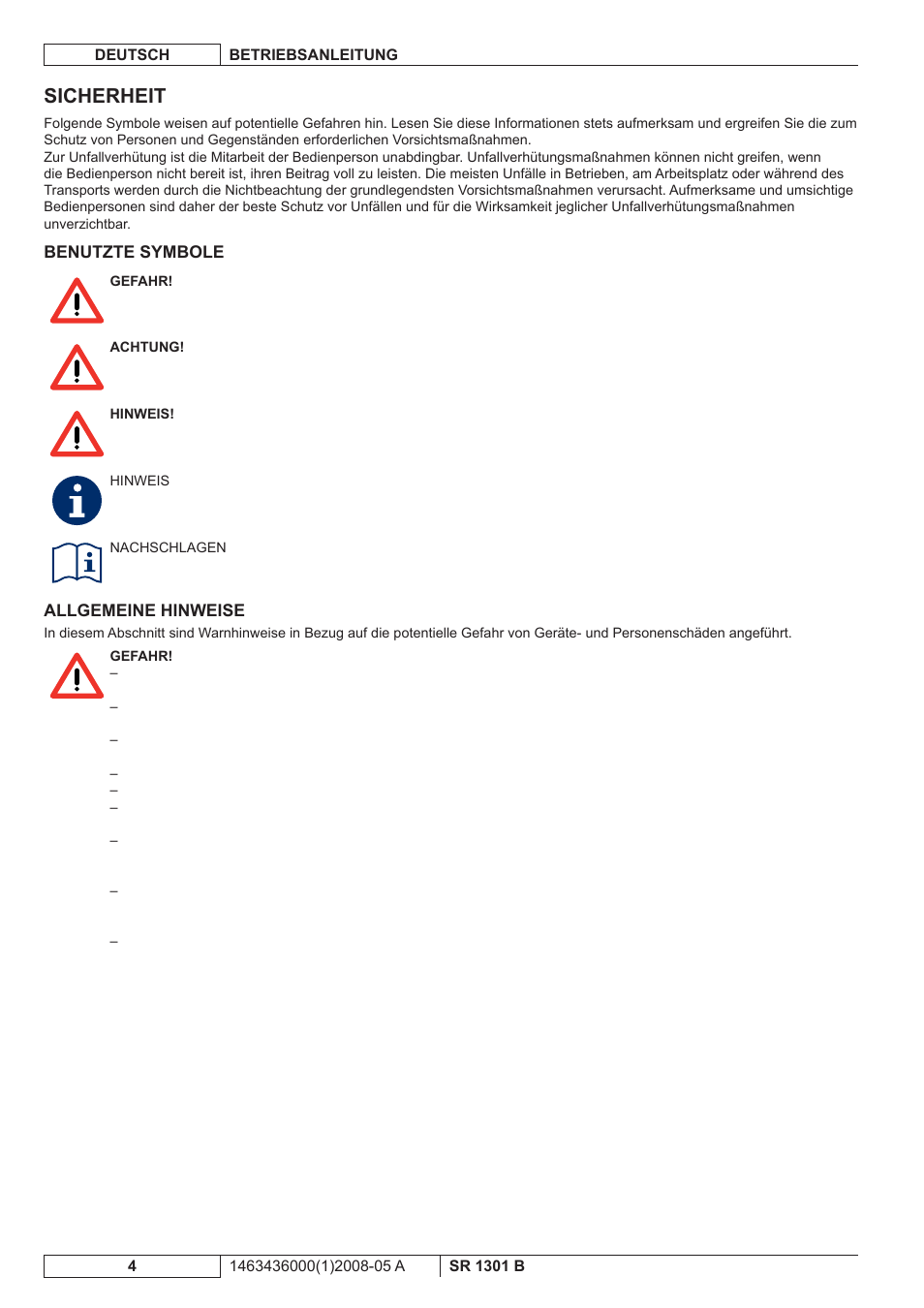 Sicherheit | Nilfisk-ALTO SR 1301 B User Manual | Page 6 / 124