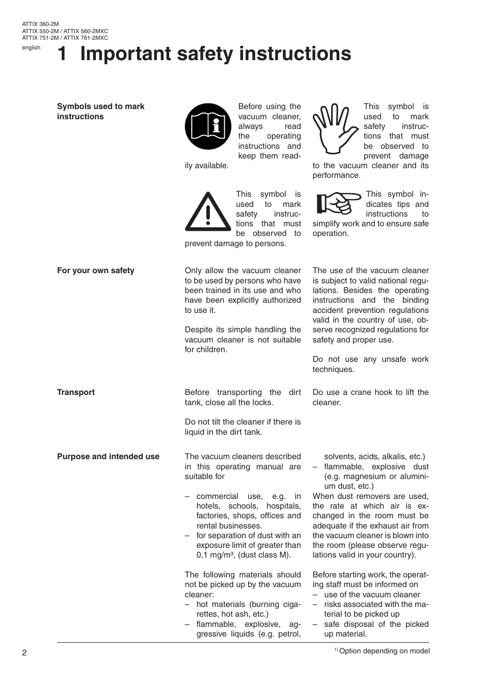 1 important safety instructions | Nilfisk-ALTO ATTIX 550-2M User Manual | Page 4 / 18