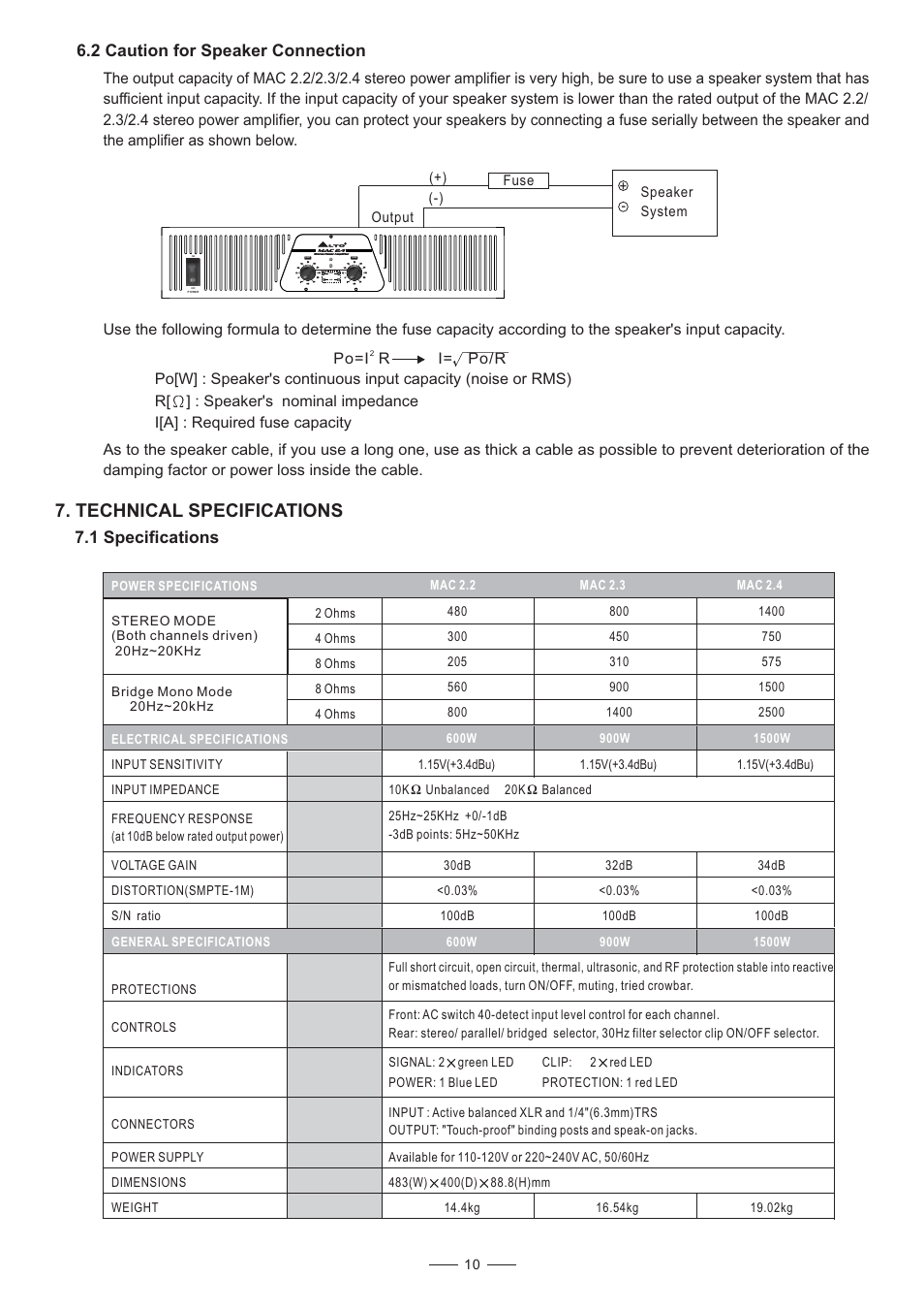 Technical specifications, 1 specifications, 2 caution for speaker connection | Nilfisk-ALTO MAC 2.3 User Manual | Page 11 / 14