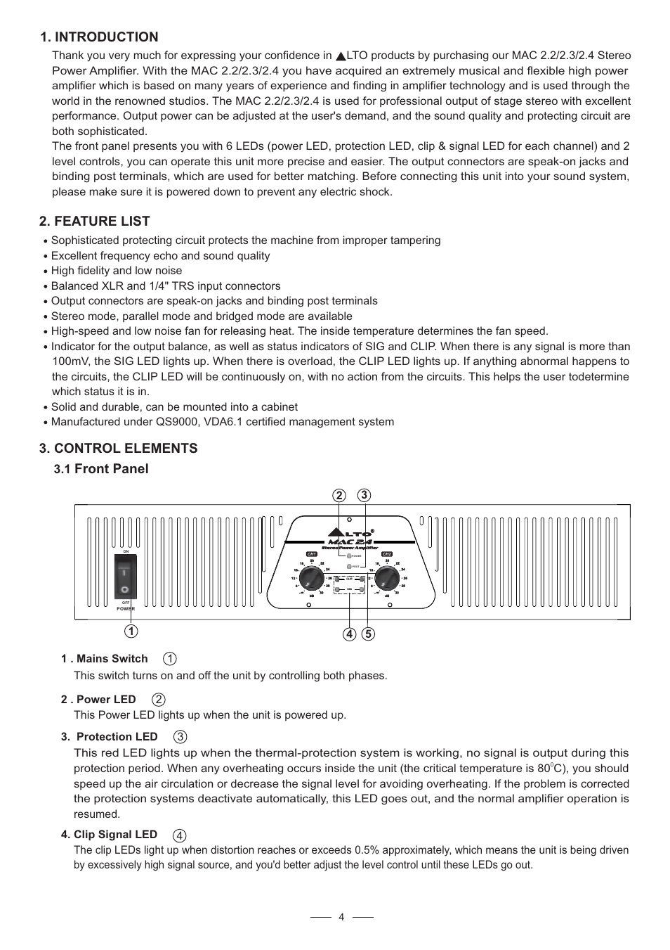 Introduction 2. feature list, Control elements, Front panel | Nilfisk-ALTO MAC 2.3 User Manual | Page 5 / 14