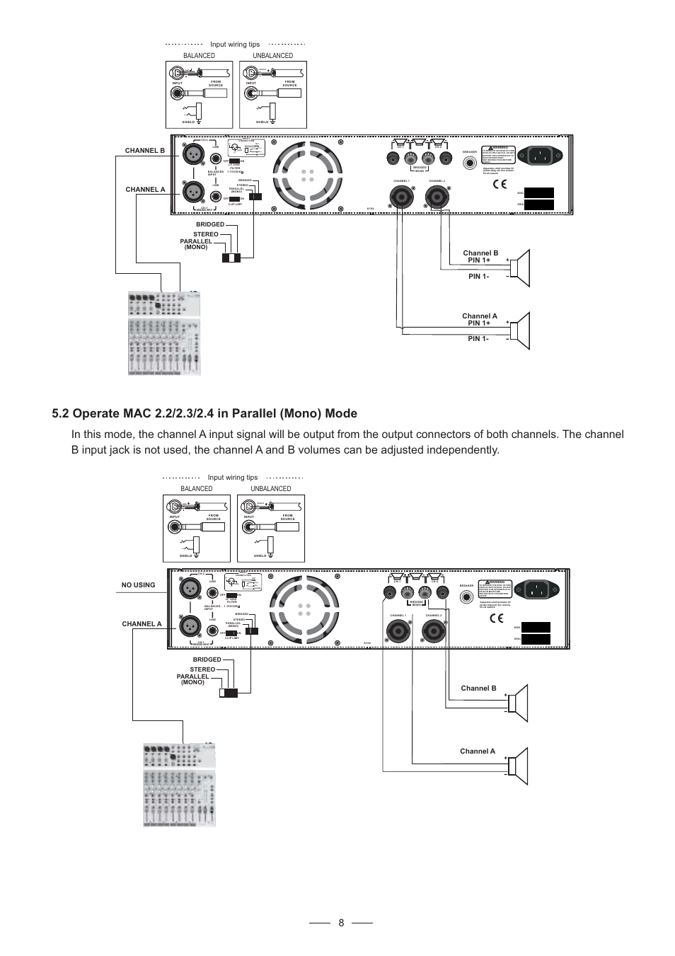 Channel b, Channel a, Input wiring tips balanced unbalanced | Channel b pin 1+ pin 1, Channel a pin 1+ pin 1 | Nilfisk-ALTO MAC 2.3 User Manual | Page 9 / 14