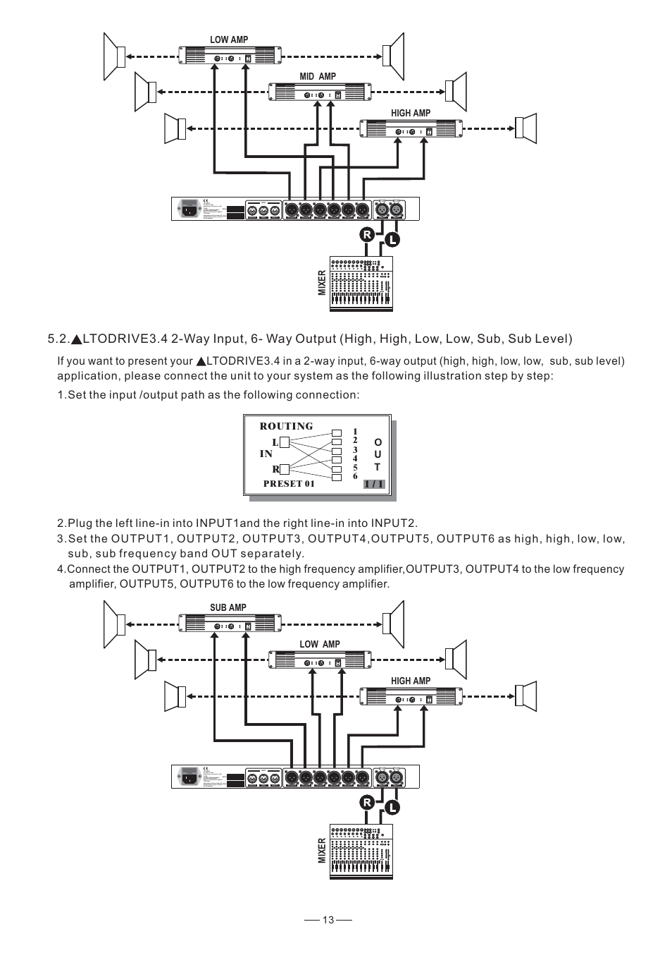 Mixer low amp high amp, 21 3 new tide, 21 3 new tide sub amp mixer mid amp high amp | 21 3 new tide low amp, Routing r l in o u t | Nilfisk-ALTO DIGITAL X OVER User Manual | Page 14 / 20