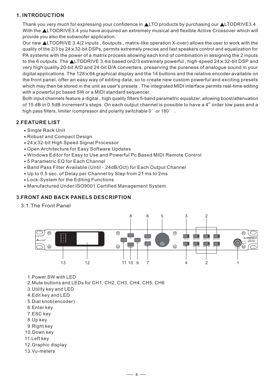 Introduction 2.feature list, The front panel, Front and back panels description | Nilfisk-ALTO DIGITAL X OVER User Manual | Page 5 / 20