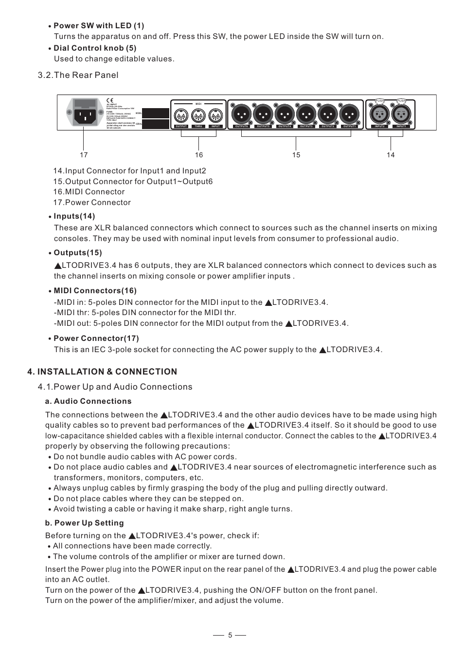 The rear panel, Installation & connection, Power up and audio connections | Nilfisk-ALTO DIGITAL X OVER User Manual | Page 6 / 20
