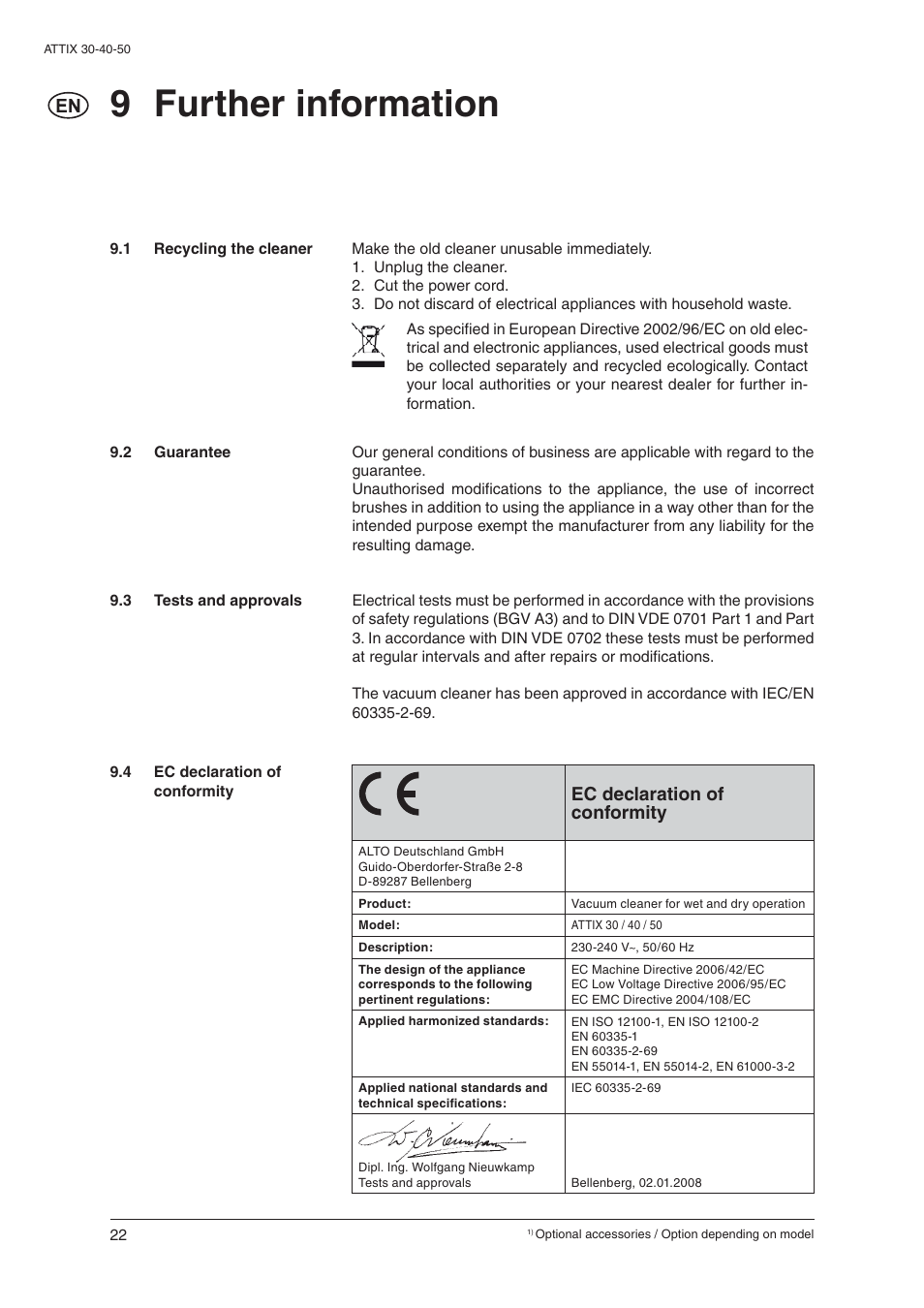 9 further information, Ec declaration of conformity | Nilfisk-ALTO 30/BATT/PC/XC User Manual | Page 24 / 26