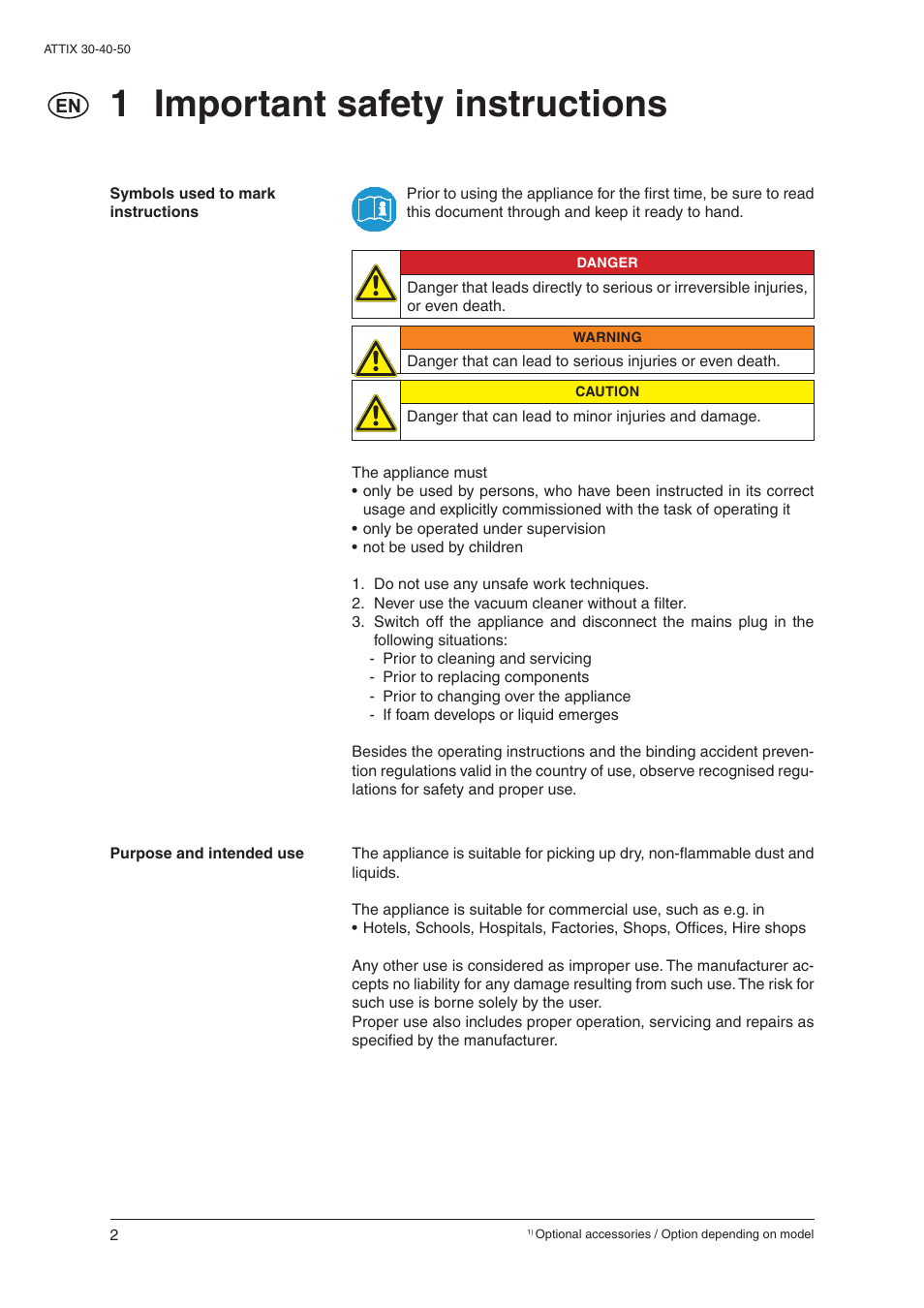 1 important safety instructions | Nilfisk-ALTO 30/BATT/PC/XC User Manual | Page 4 / 26