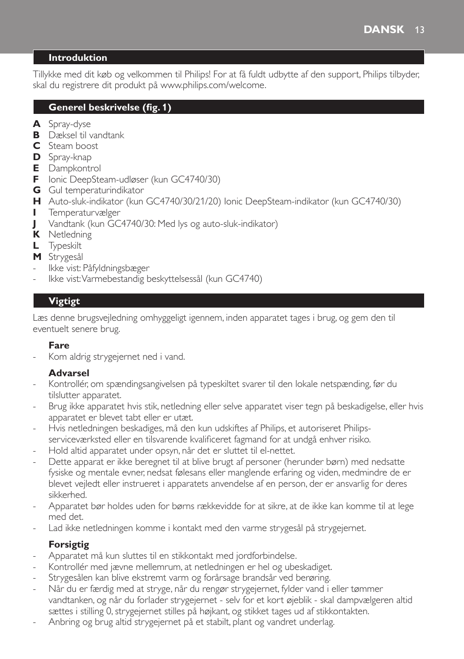 Fare, Advarsel, Forsigtig | Dansk, Introduktion, Generel beskrivelse (fig. 1), Vigtigt | Philips Azur Dampfbügeleisen User Manual | Page 13 / 92