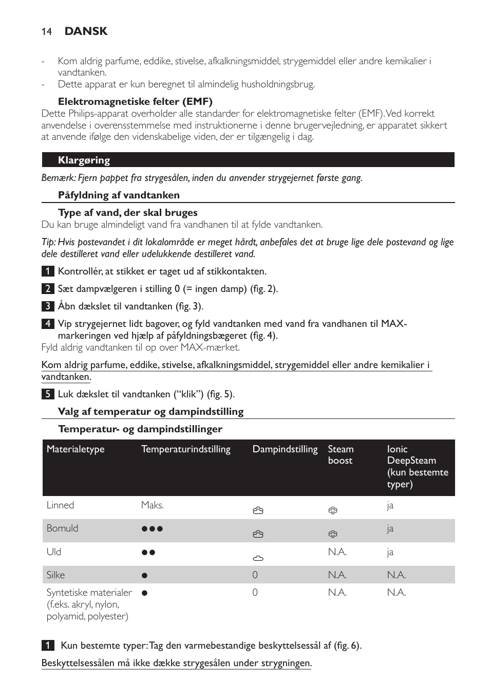 Elektromagnetiske felter (emf), Klargøring, Påfyldning af vandtanken | Type af vand, der skal bruges, Valg af temperatur og dampindstilling, Temperatur- og dampindstillinger | Philips Azur Dampfbügeleisen User Manual | Page 14 / 92