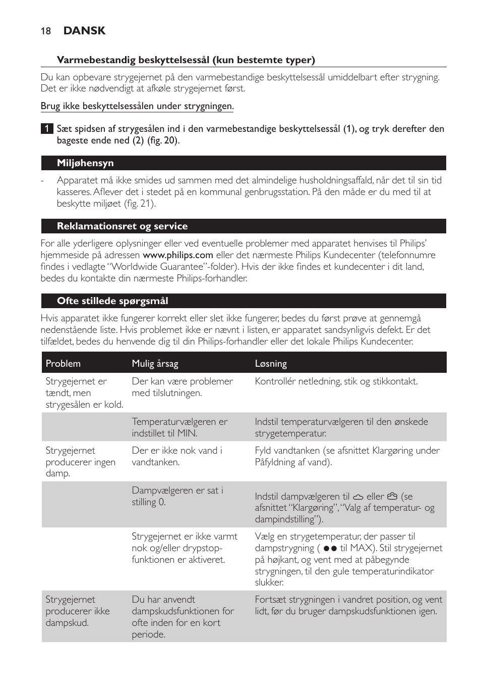 Miljøhensyn, Reklamationsret og service, Ofte stillede spørgsmål | Philips Azur Dampfbügeleisen User Manual | Page 18 / 92