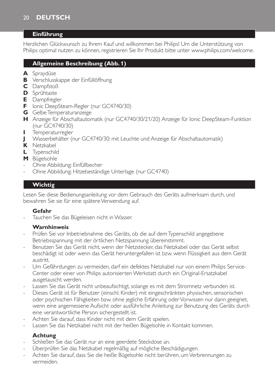 Gefahr, Warnhinweis, Achtung | Deutsch, Einführung, Allgemeine beschreibung (abb. 1), Wichtig | Philips Azur Dampfbügeleisen User Manual | Page 20 / 92