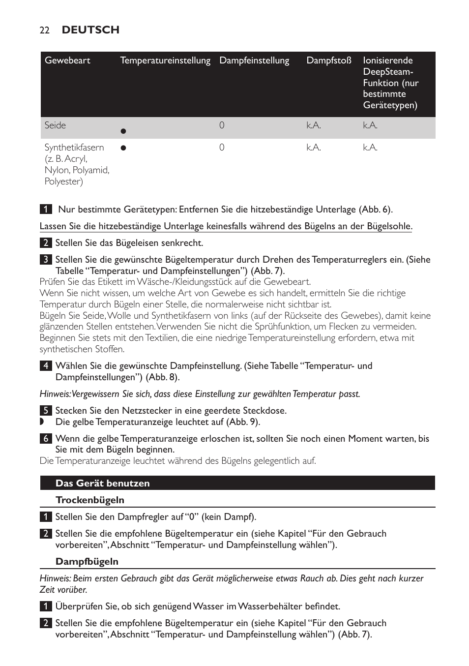 Das gerät benutzen, Trockenbügeln, Dampfbügeln | Philips Azur Dampfbügeleisen User Manual | Page 22 / 92
