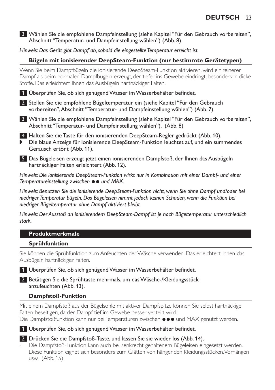 Produktmerkmale, Sprühfunktion, Dampfstoß-funktion | Tropf-stopp | Philips Azur Dampfbügeleisen User Manual | Page 23 / 92