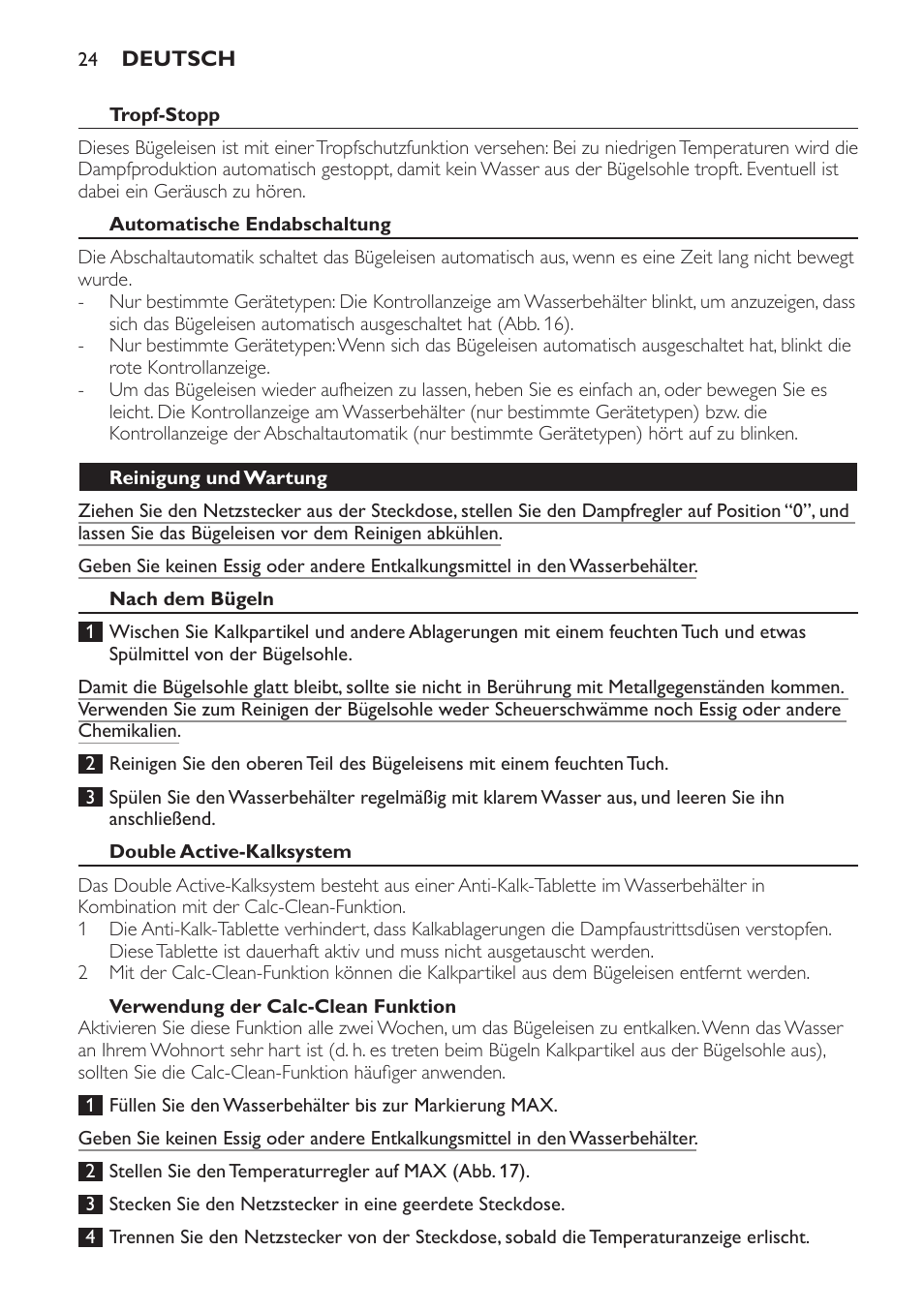 Automatische endabschaltung, Reinigung und wartung, Nach dem bügeln | Double active-kalksystem, Verwendung der calc-clean funktion | Philips Azur Dampfbügeleisen User Manual | Page 24 / 92