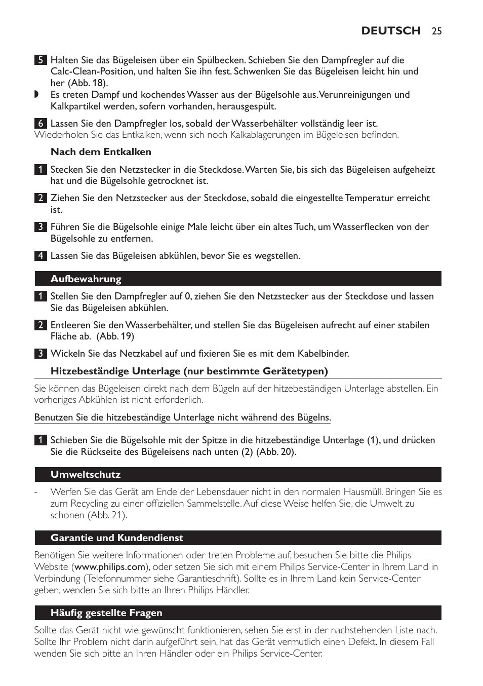 Nach dem entkalken, Aufbewahrung, Umweltschutz | Garantie und kundendienst, Häufig gestellte fragen | Philips Azur Dampfbügeleisen User Manual | Page 25 / 92