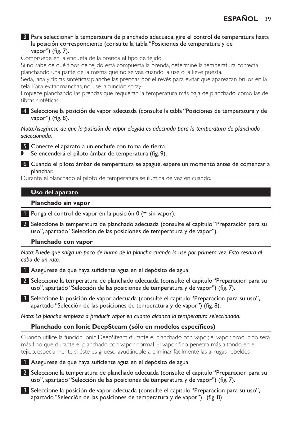 Uso del aparato, Planchado sin vapor, Planchado con vapor | Philips Azur Dampfbügeleisen User Manual | Page 39 / 92
