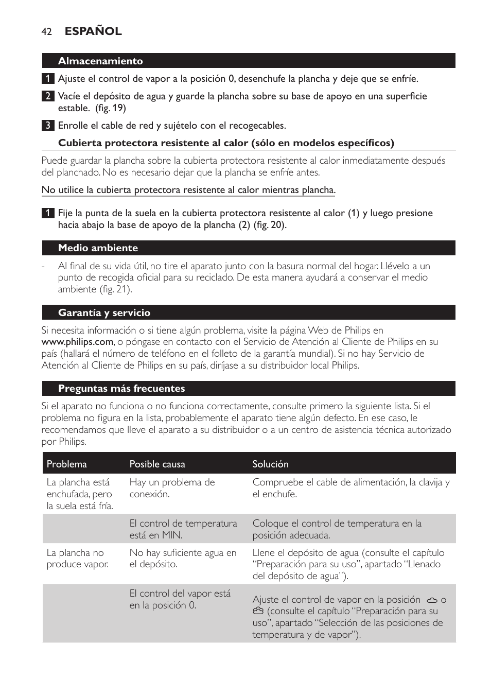 Almacenamiento, Medio ambiente, Garantía y servicio | Preguntas más frecuentes | Philips Azur Dampfbügeleisen User Manual | Page 42 / 92