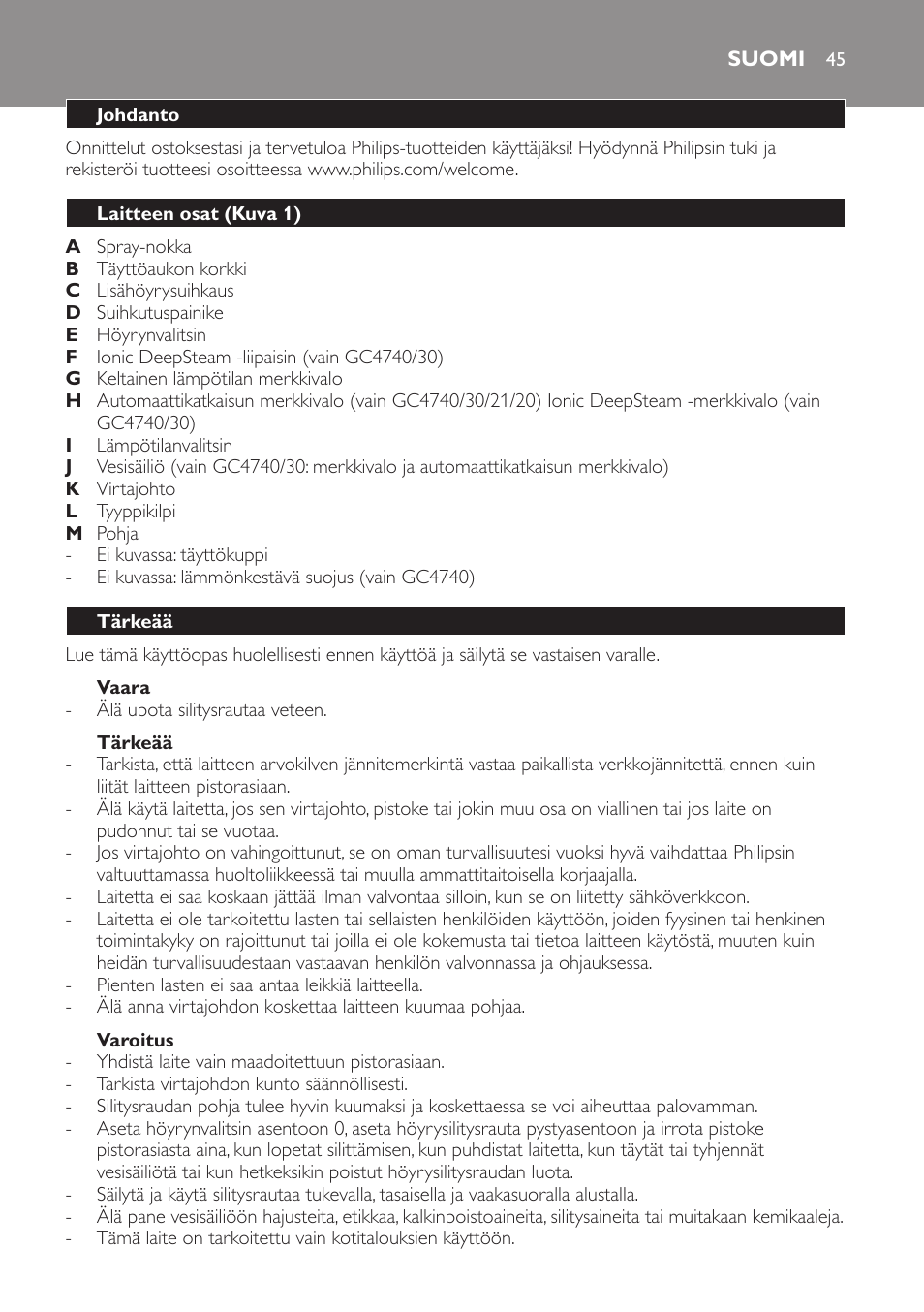 Vaara, Tärkeää, Varoitus | Suomi, Johdanto, Laitteen osat (kuva 1) | Philips Azur Dampfbügeleisen User Manual | Page 45 / 92