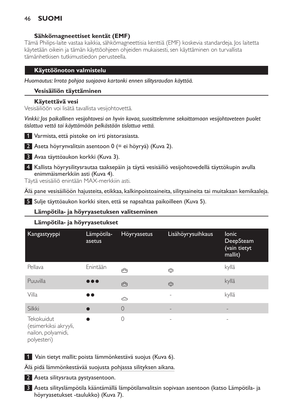 Sähkömagneettiset kentät (emf), Käyttöönoton valmistelu, Vesisäiliön täyttäminen | Käytettävä vesi, Lämpötila- ja höyryasetuksen valitseminen, Lämpötila- ja höyryasetukset | Philips Azur Dampfbügeleisen User Manual | Page 46 / 92