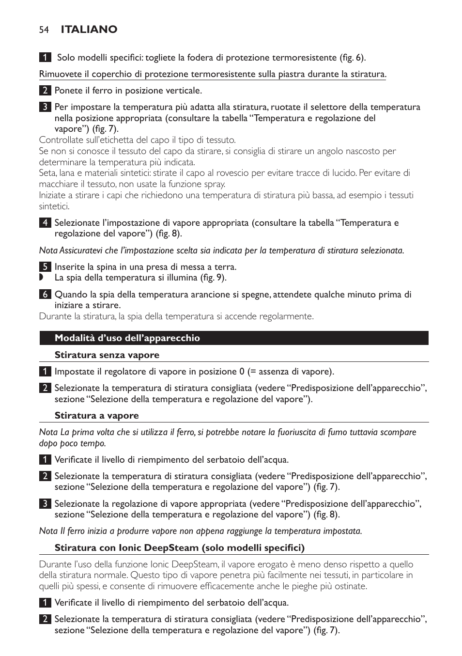 Modalità d’uso dell’apparecchio, Stiratura senza vapore, Stiratura a vapore | Philips Azur Dampfbügeleisen User Manual | Page 54 / 92