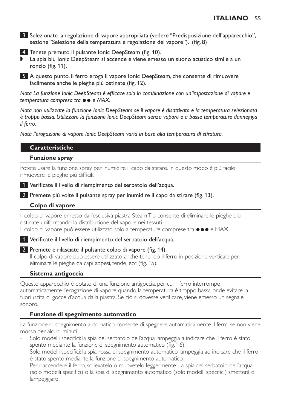 Caratteristiche, Funzione spray, Colpo di vapore | Sistema antigoccia, Funzione di spegnimento automatico | Philips Azur Dampfbügeleisen User Manual | Page 55 / 92