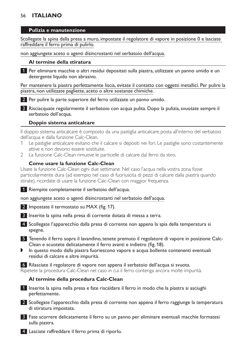 Pulizia e manutenzione, Al termine della stiratura, Doppio sistema anticalcare | Come usare la funzione calc-clean, Al termine della procedura calc-clean | Philips Azur Dampfbügeleisen User Manual | Page 56 / 92