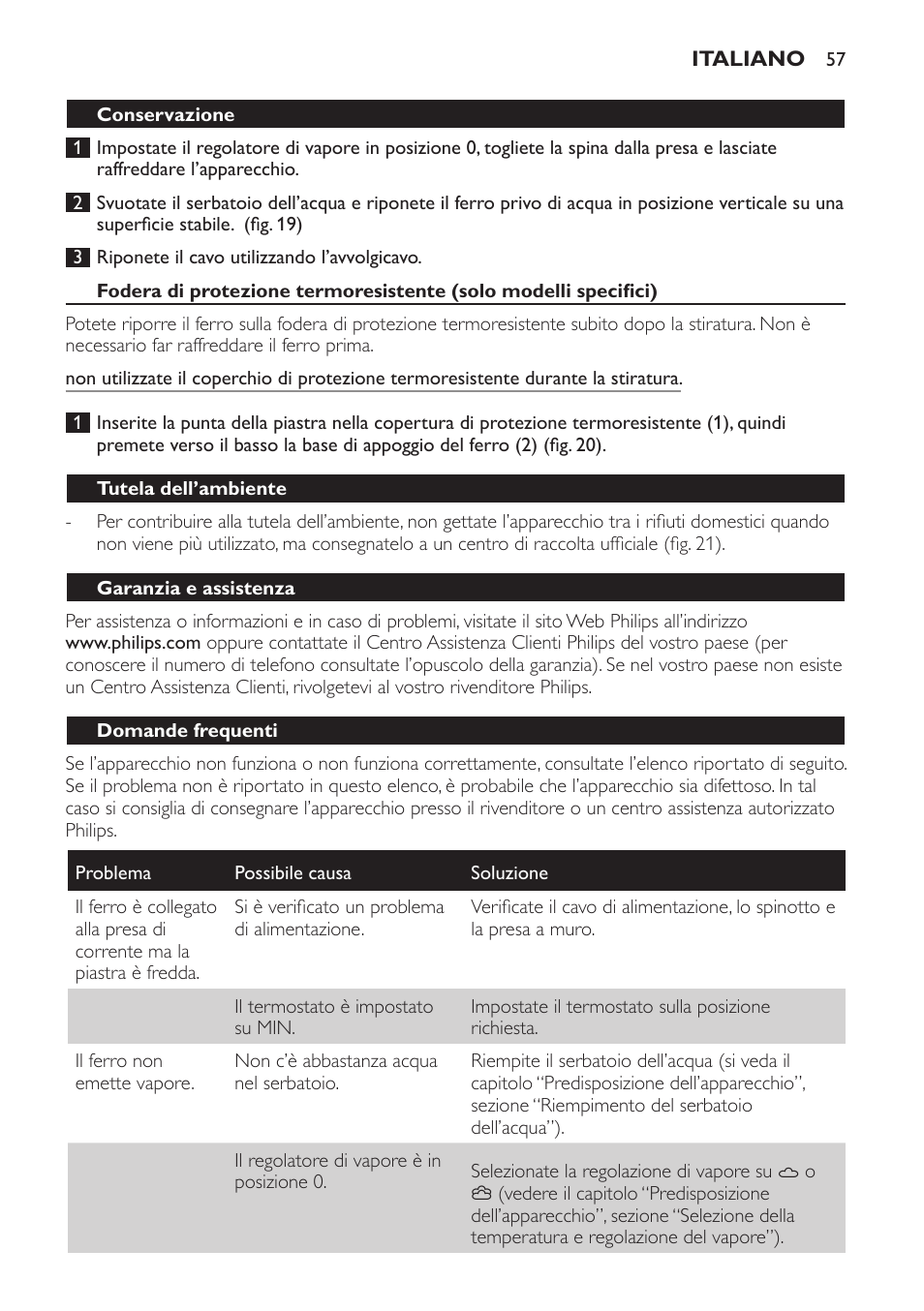 Conservazione, Tutela dell’ambiente, Garanzia e assistenza | Domande frequenti | Philips Azur Dampfbügeleisen User Manual | Page 57 / 92