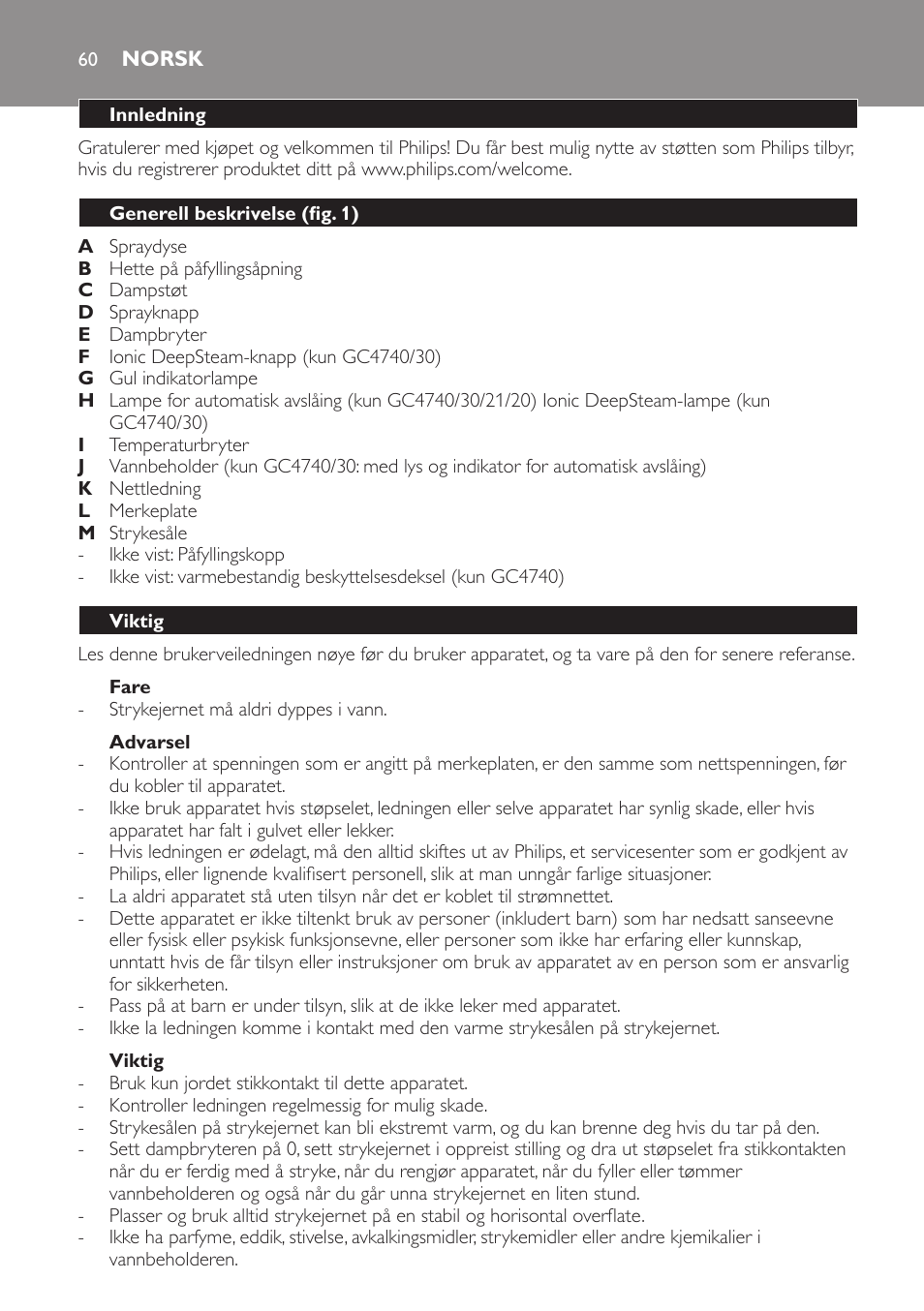 Fare, Advarsel, Viktig | Norsk, Innledning, Generell beskrivelse (fig. 1) | Philips Azur Dampfbügeleisen User Manual | Page 60 / 92