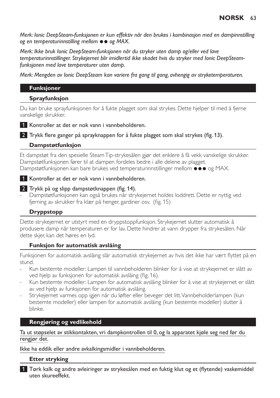 Funksjoner, Sprayfunksjon, Dampstøtfunksjon | Dryppstopp, Funksjon for automatisk avslåing, Rengjøring og vedlikehold, Etter stryking | Philips Azur Dampfbügeleisen User Manual | Page 63 / 92