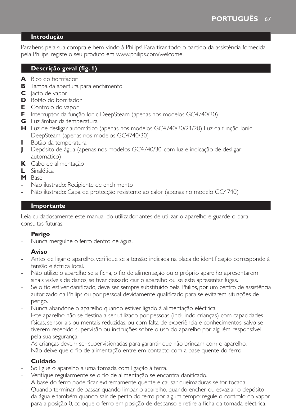 Perigo, Aviso, Cuidado | Português, Introdução, Descrição geral (fig. 1), Importante | Philips Azur Dampfbügeleisen User Manual | Page 67 / 92