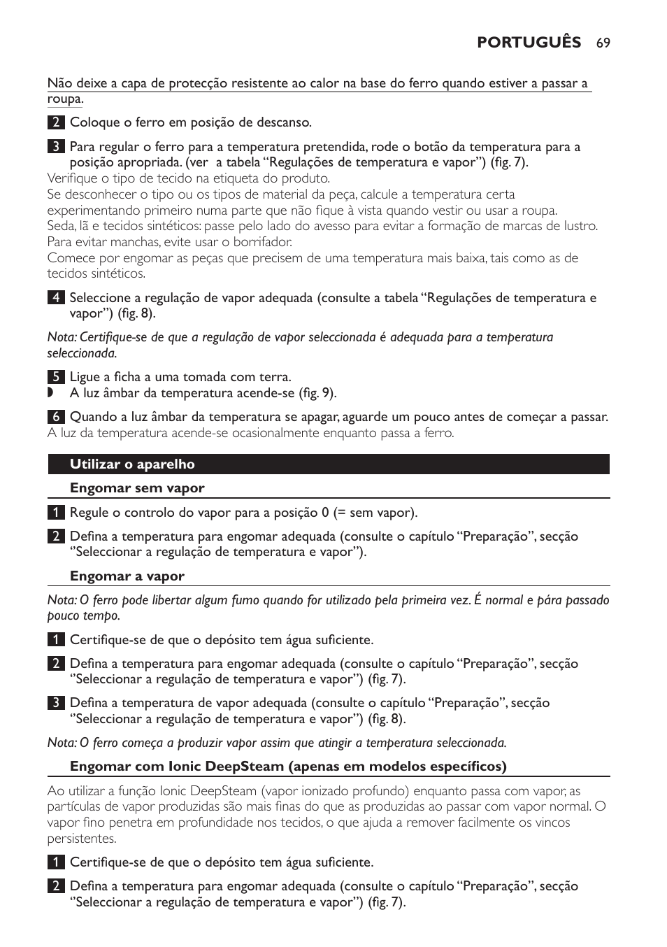 Utilizar o aparelho, Engomar sem vapor, Engomar a vapor | Philips Azur Dampfbügeleisen User Manual | Page 69 / 92