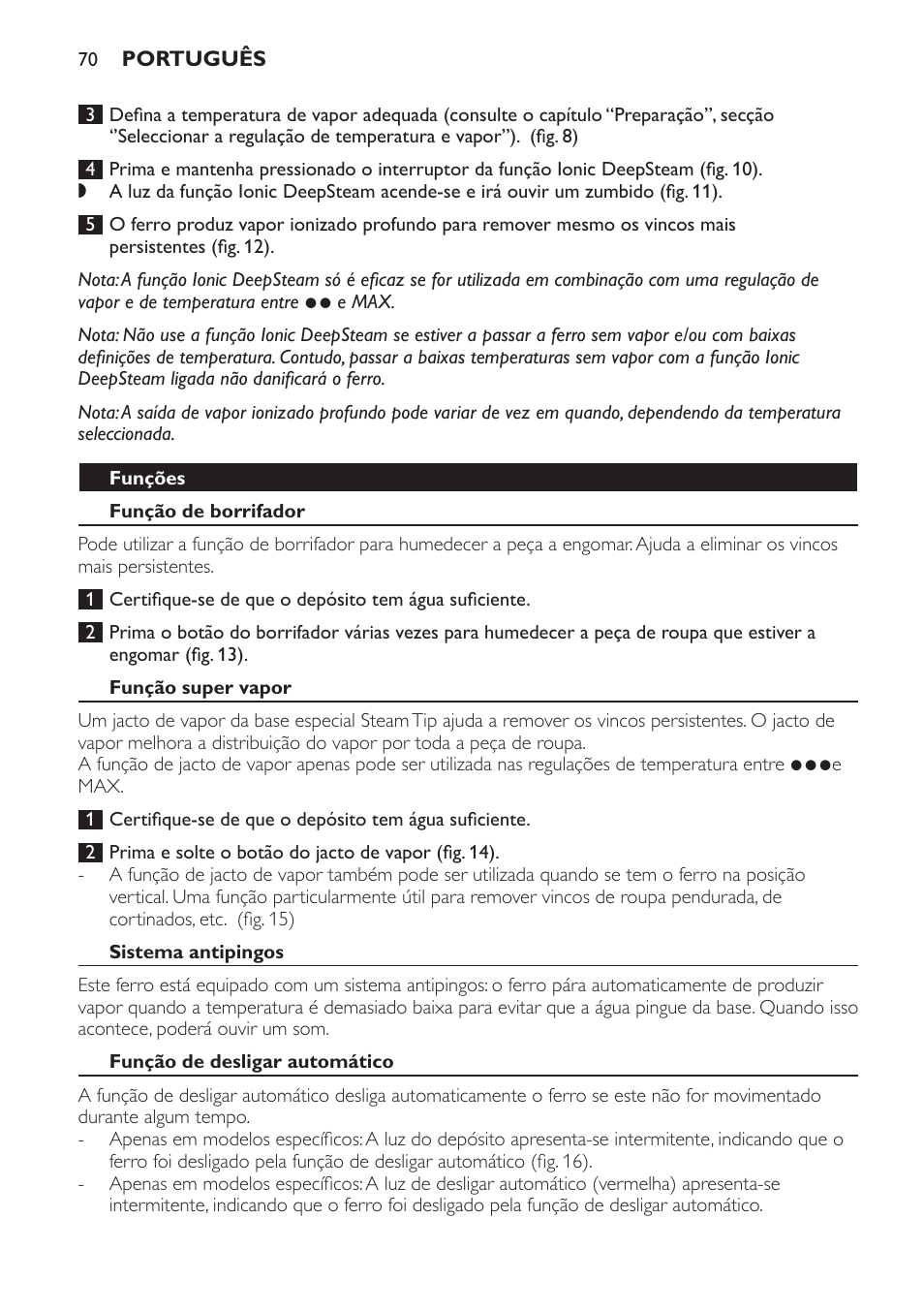 Funções, Função de borrifador, Função super vapor | Sistema antipingos, Função de desligar automático | Philips Azur Dampfbügeleisen User Manual | Page 70 / 92