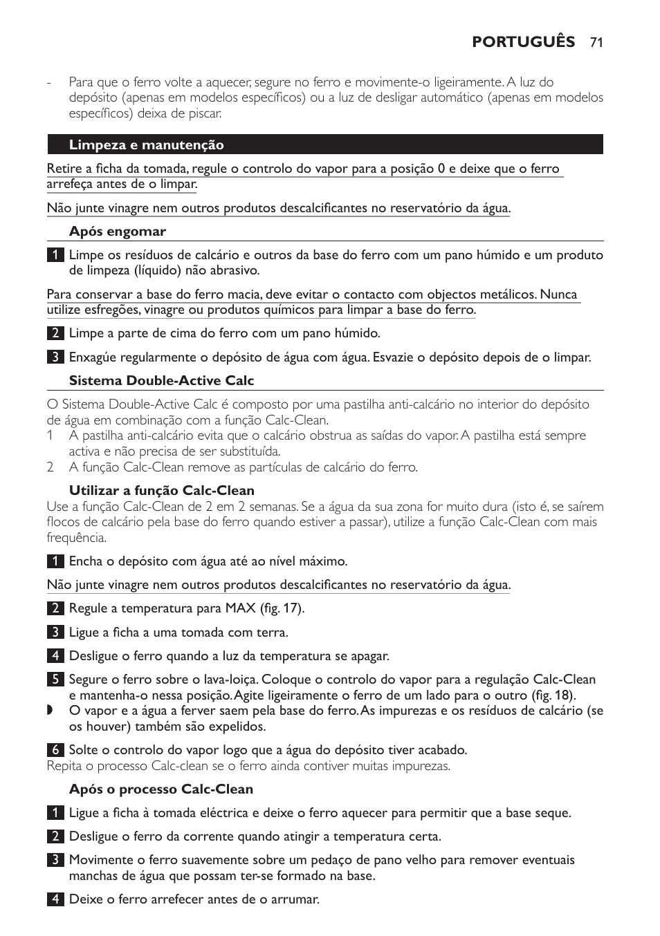 Limpeza e manutenção, Após engomar, Sistema double-active calc | Utilizar a função calc-clean, Após o processo calc-clean | Philips Azur Dampfbügeleisen User Manual | Page 71 / 92