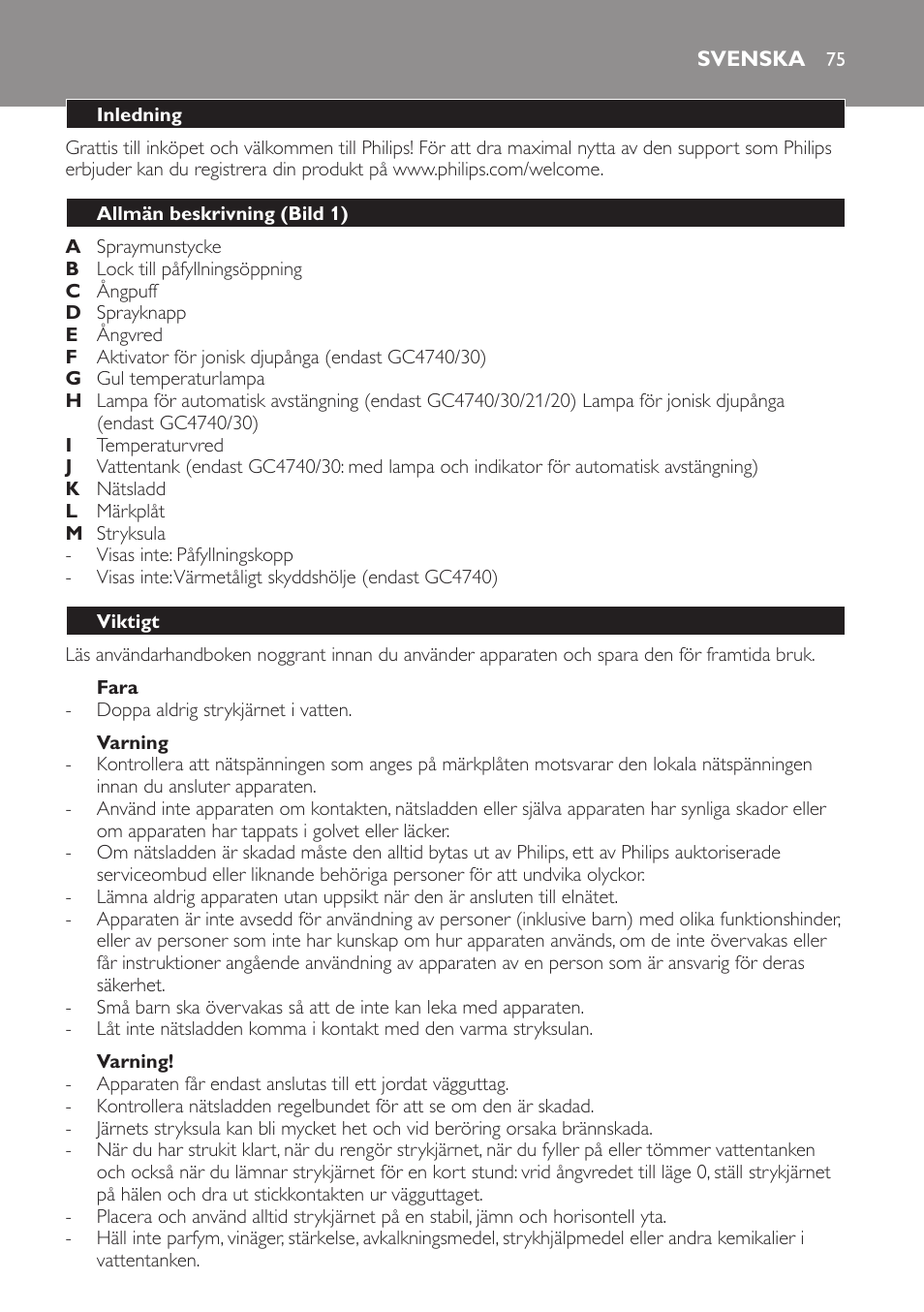 Fara, Varning, Svenska | Inledning, Allmän beskrivning (bild 1), Viktigt | Philips Azur Dampfbügeleisen User Manual | Page 75 / 92