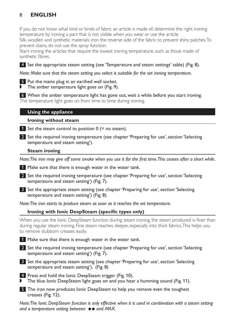 Using the appliance, Ironing without steam, Steam ironing | Ironing with ionic deepsteam (specific types only) | Philips Azur Dampfbügeleisen User Manual | Page 8 / 92