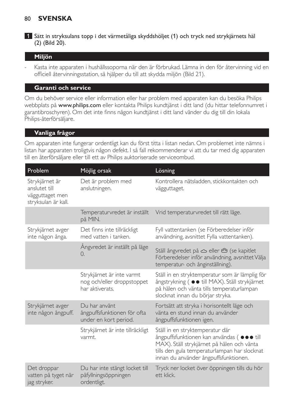 Miljön, Garanti och service, Vanliga frågor | Philips Azur Dampfbügeleisen User Manual | Page 80 / 92