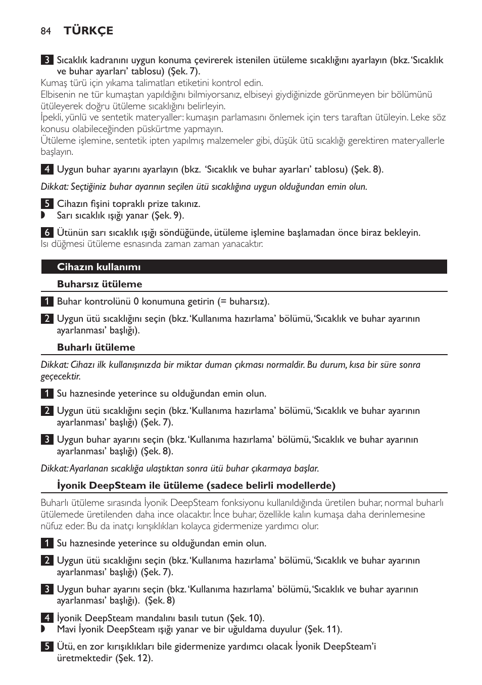 Cihazın kullanımı, Buharsız ütüleme, Buharlı ütüleme | Philips Azur Dampfbügeleisen User Manual | Page 84 / 92