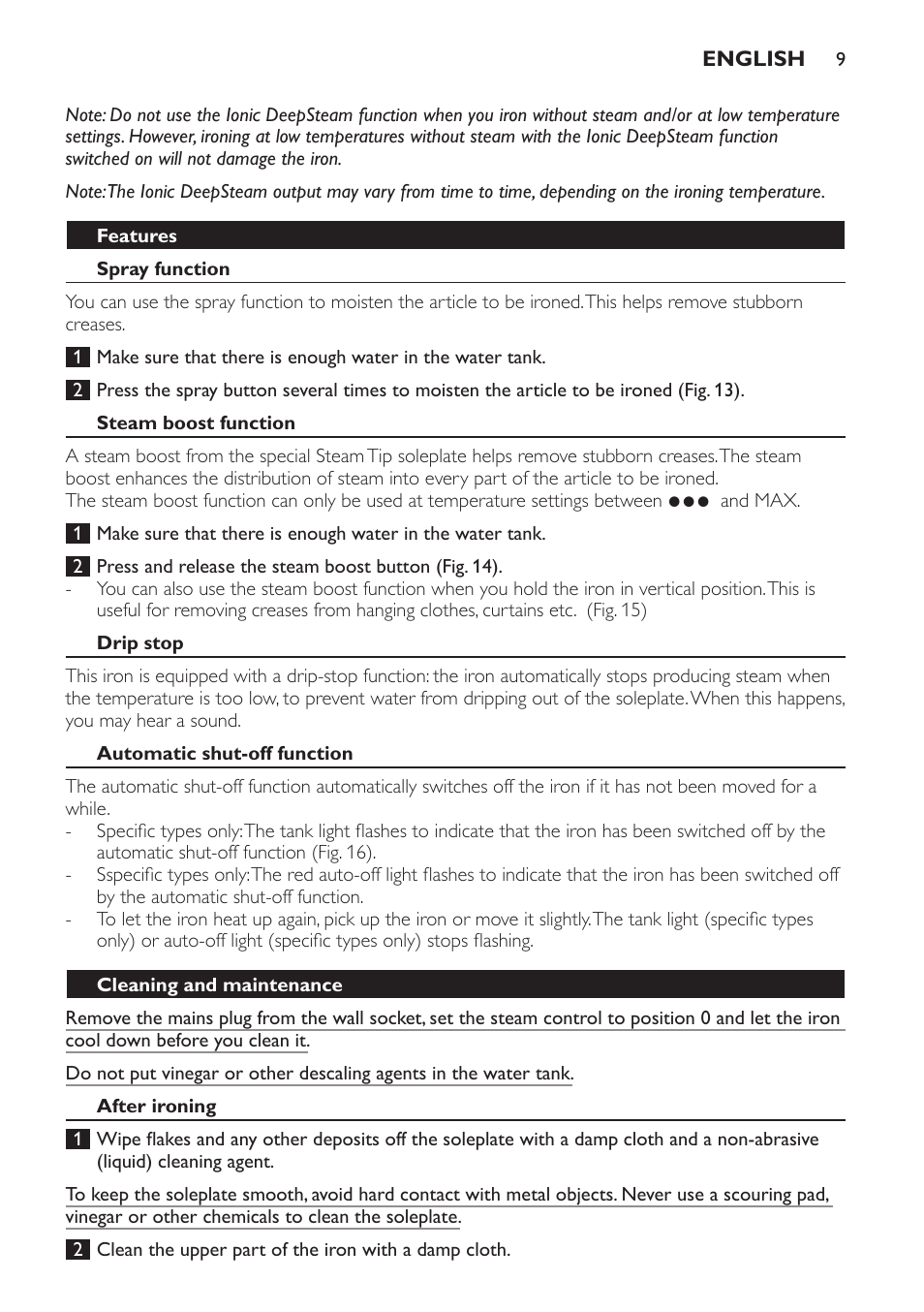 Features, Spray function, Steam boost function | Drip stop, Automatic shut-off function, Cleaning and maintenance, After ironing | Philips Azur Dampfbügeleisen User Manual | Page 9 / 92