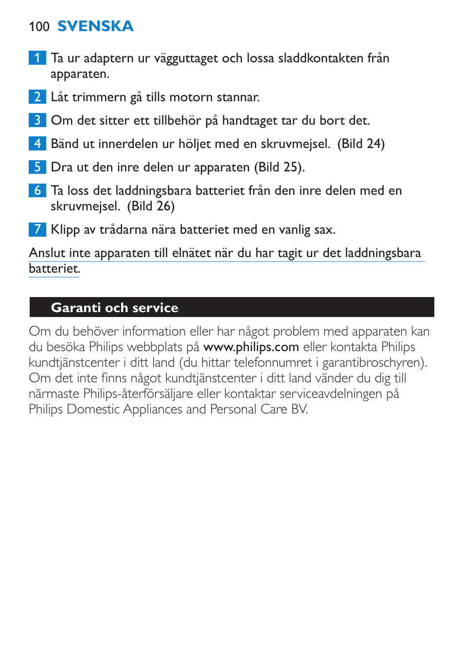 Garanti och service | Philips Body Perfect Bikini-Trimmer User Manual | Page 100 / 104