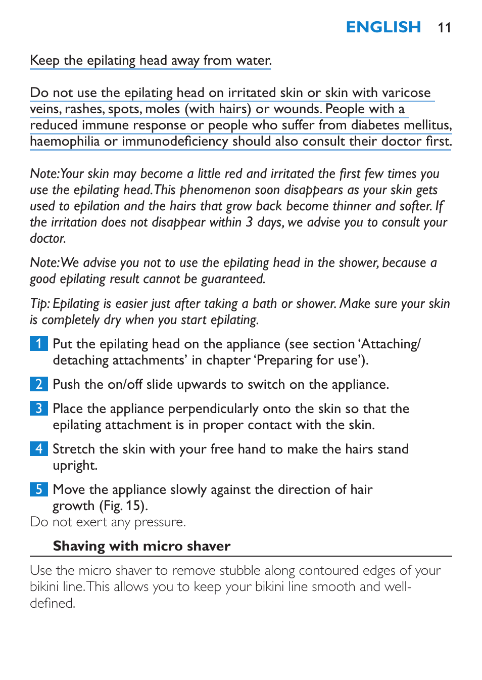 Shaving with micro shaver | Philips Body Perfect Bikini-Trimmer User Manual | Page 11 / 104