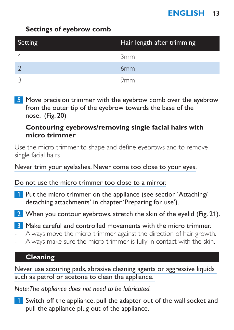 Settings of eyebrow comb, Cleaning | Philips Body Perfect Bikini-Trimmer User Manual | Page 13 / 104